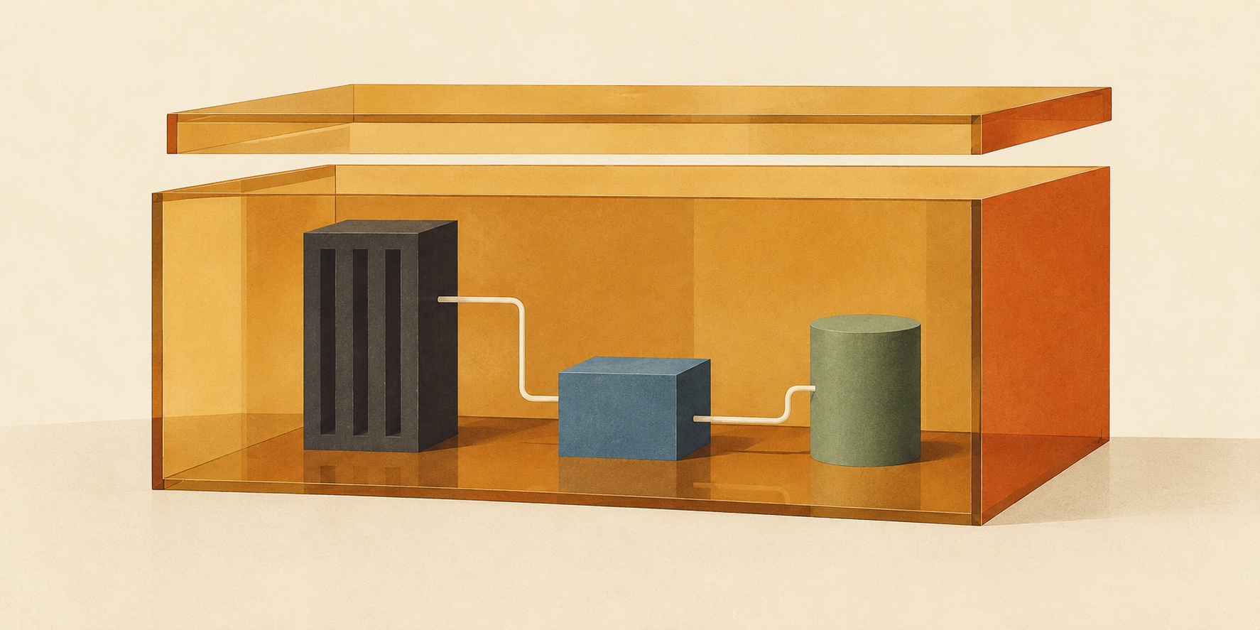 A transparent amber enclosure containing connected server, cube, and database shapes
