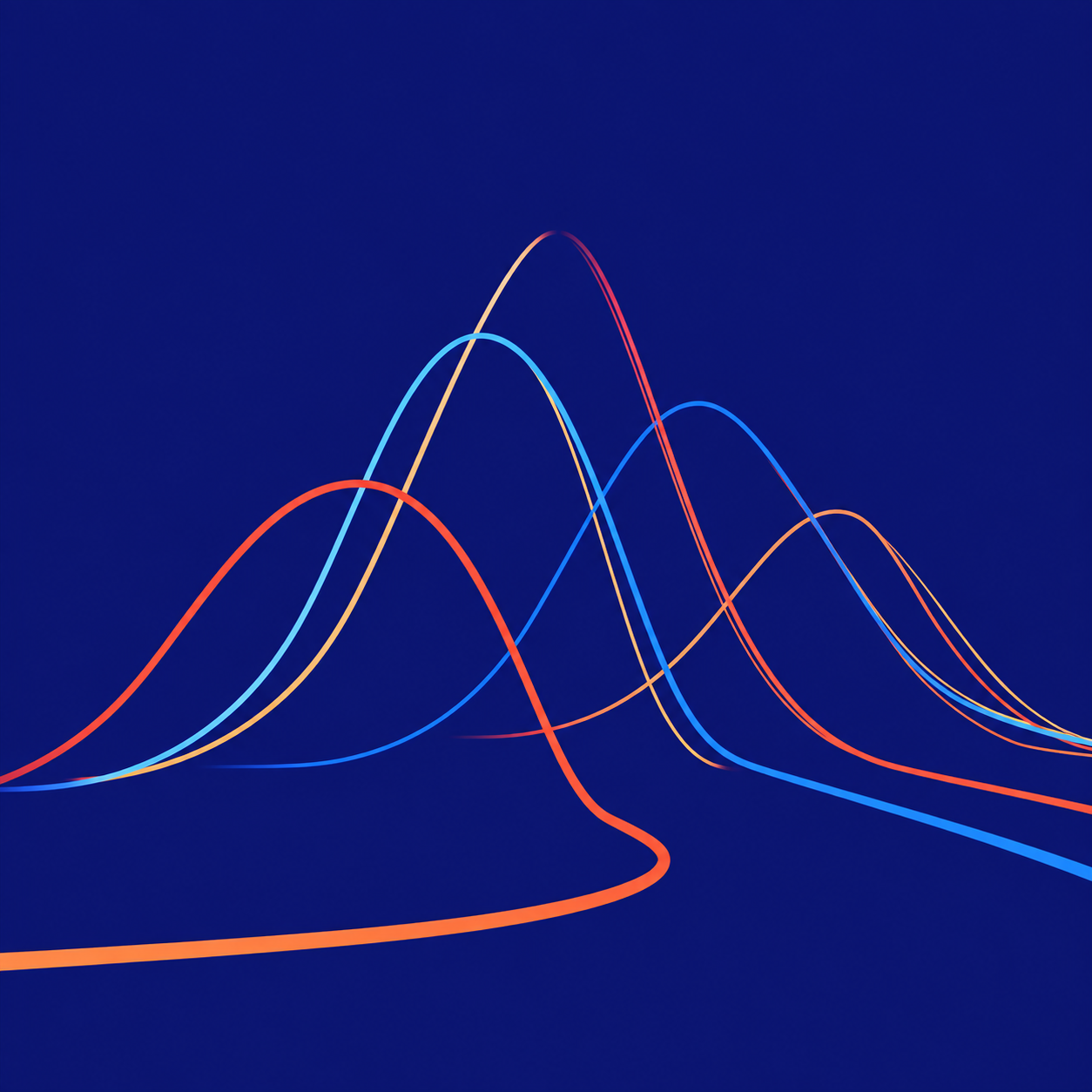 Flowing blue, cyan, orange, and gold curves on a deep blue background
