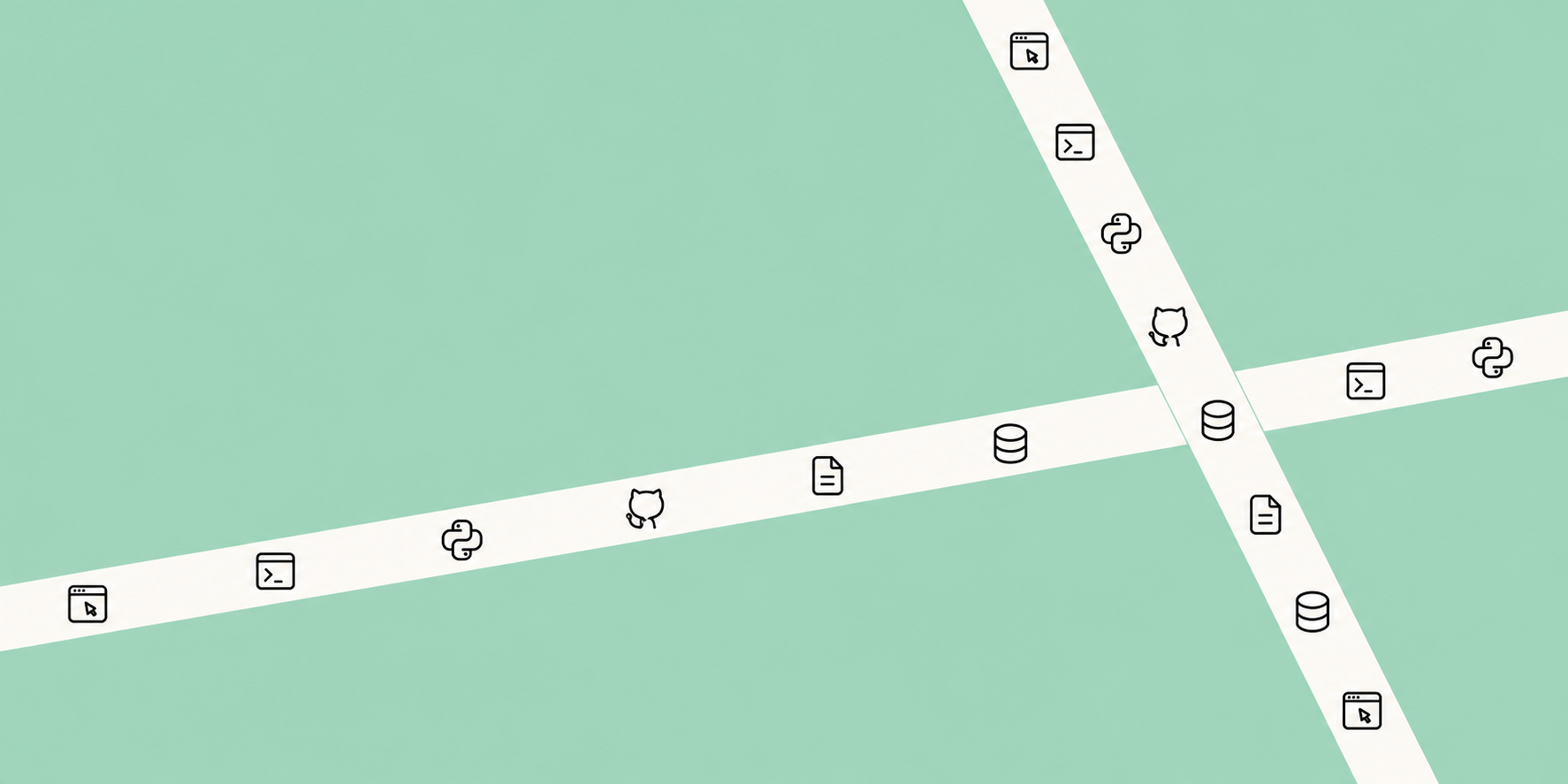 Crossing white ribbons with thin outline browser, terminal, Python, GitHub, document, and database icons on a mint green background