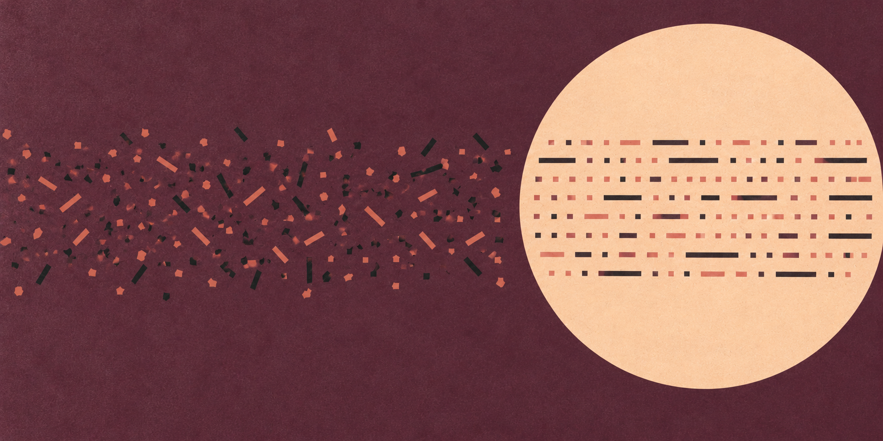 Scattered orange and black shapes becoming ordered rows inside a peach circle on a textured burgundy background