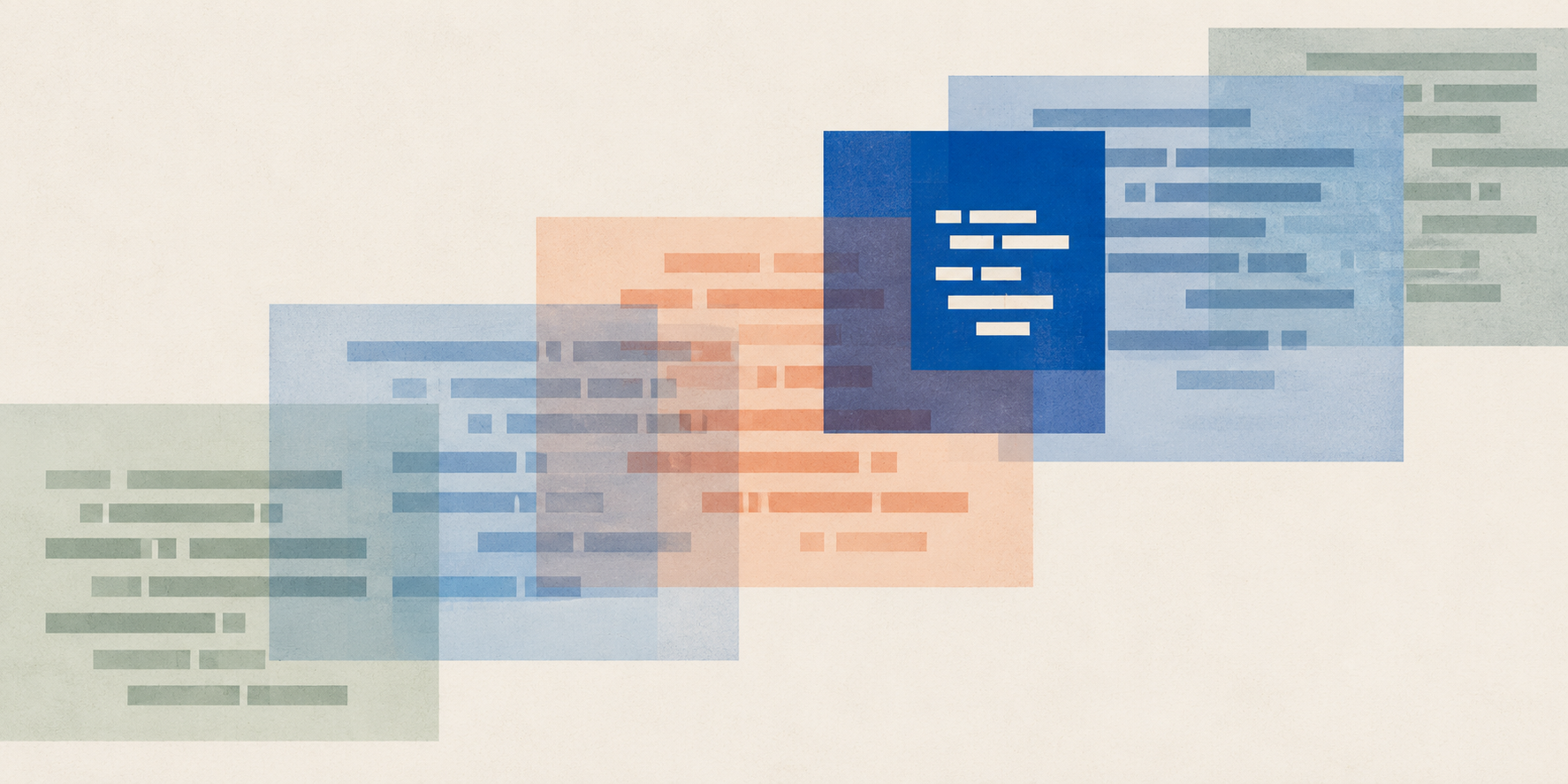 Overlapping translucent blue, green, and orange panels with token-like bars on a textured cream background