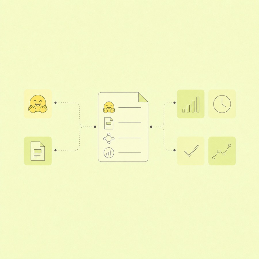 Hugging Face data and a prompt template feeding a configured LLM evaluation workflow
