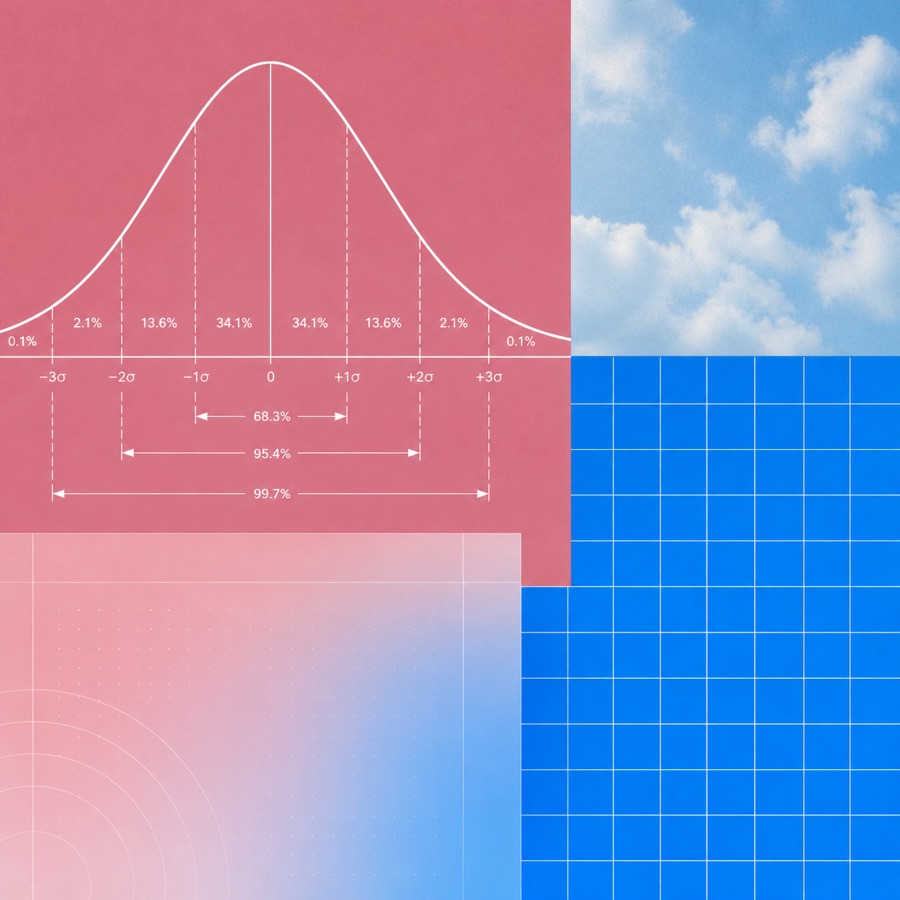 Statistical bell curve layered over a pink, blue, and sky collage