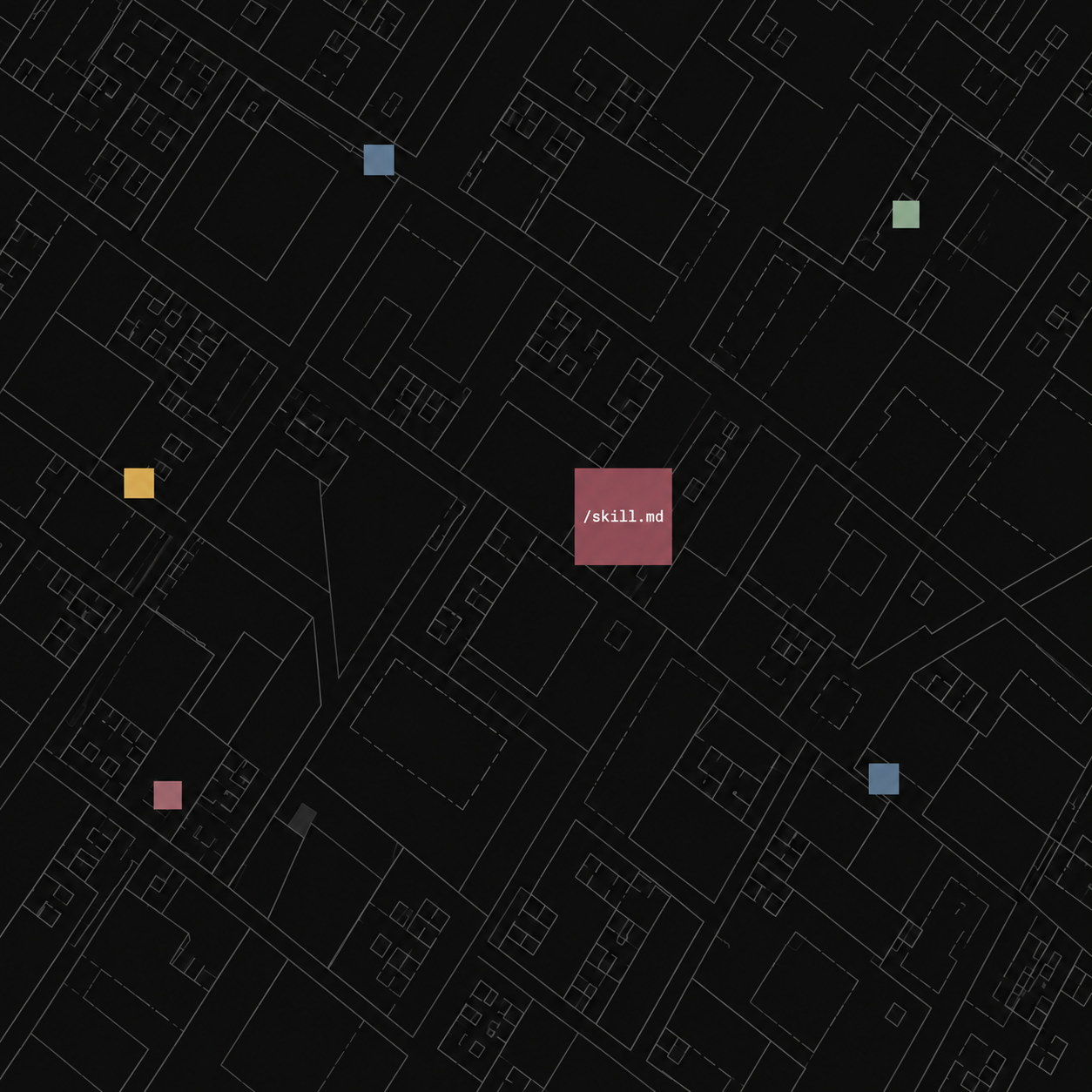 Fine gray map-like lines on a black background with small colored squares and a maroon square labeled /skill.md in white monospace text